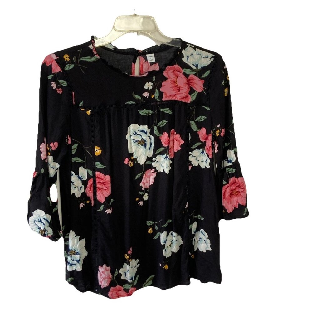 Old Navy Blouse Womens Sz L  Floral Ruffled Bell Sleeve Flowy Forgiving